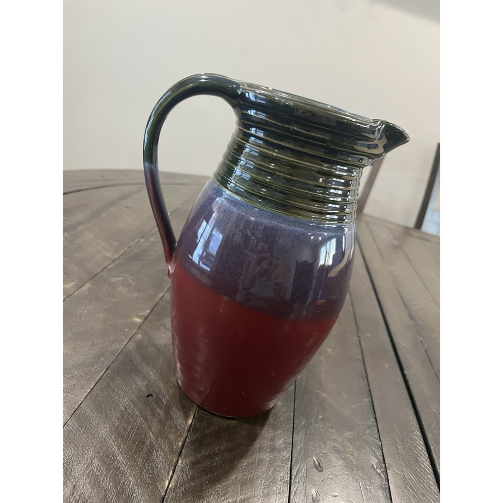 Vtg Pam Snyder Art Pottery Pitcher‎ Green Purple Maroon 9" Ribbed WV